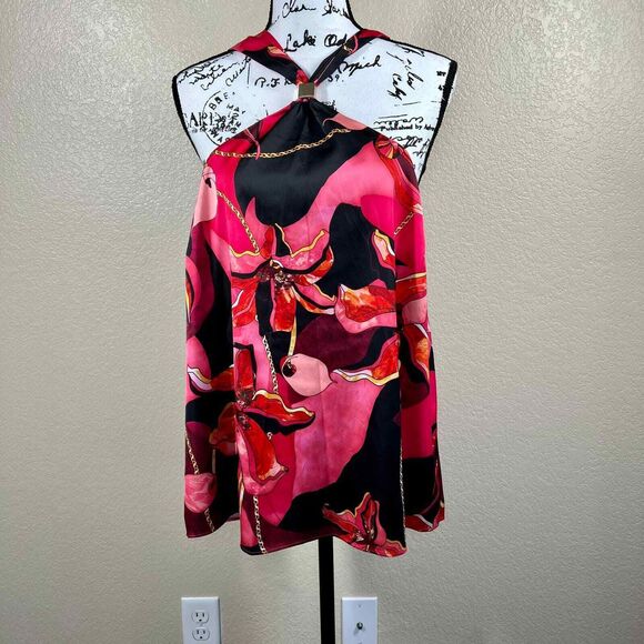 INC International Concepts pink red floral halter top back tie size L boho club - Picture 7 of 15